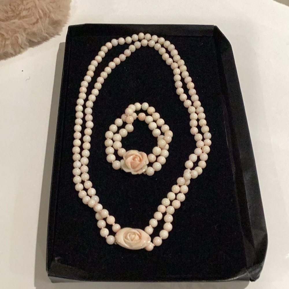 Natural angel skin coral 14k gold 2- row Necklace and Bracelet Set